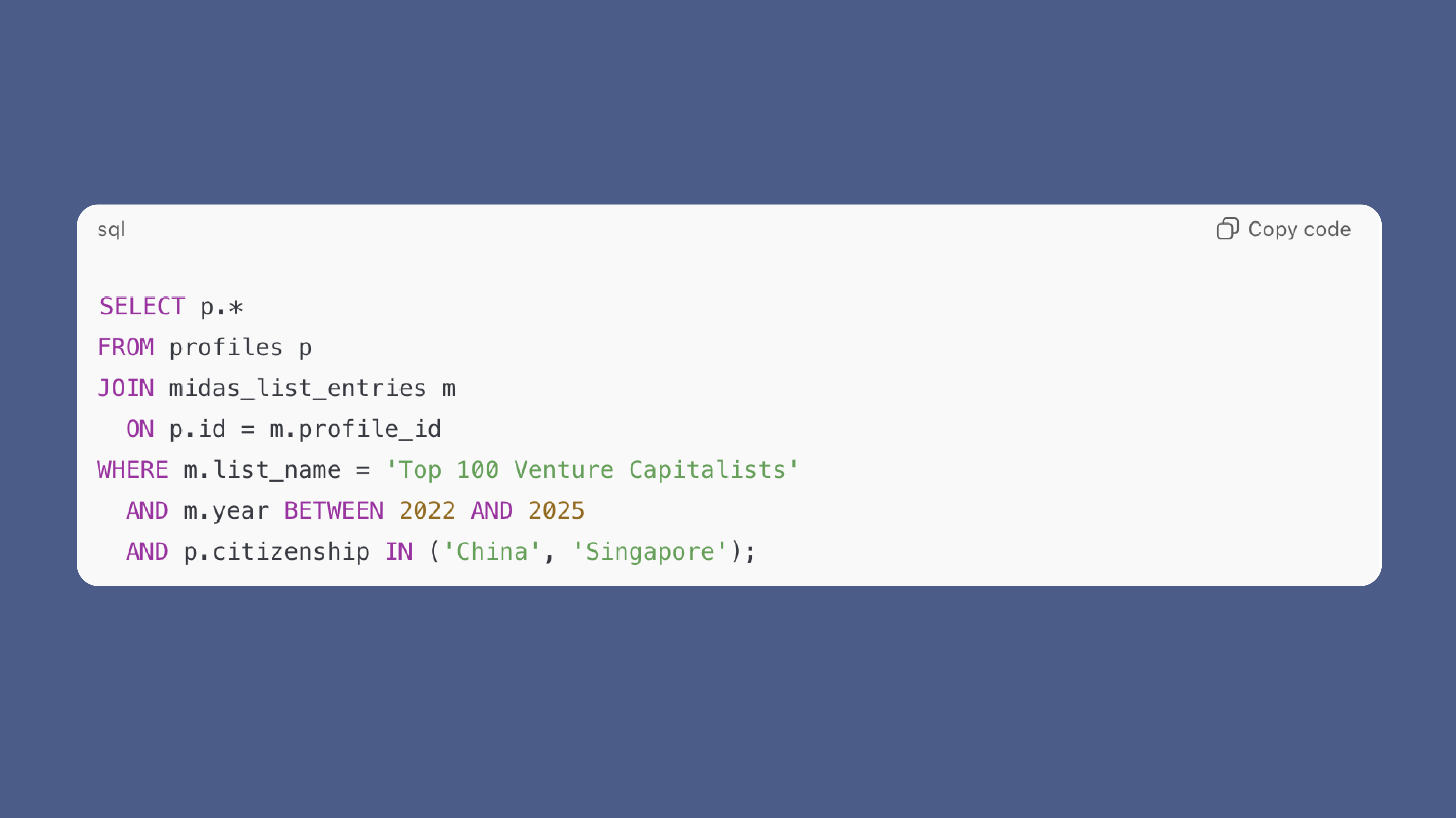 SQL screenshot of same query